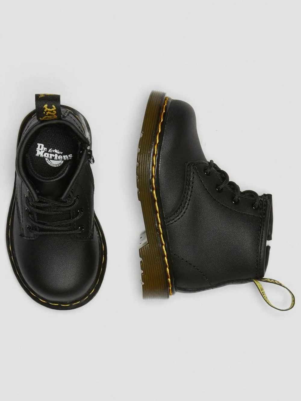 Dr. Doc Martens Baby Classic Black Leather Lace-Up Boots Yellow Stitching Sz 5